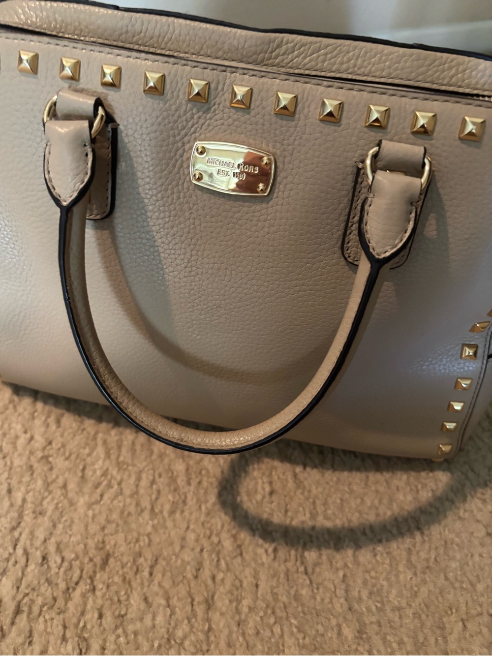 Michael Kors Taupe Leather Studded Satchel with Gold Hardware